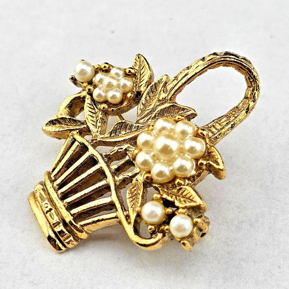 Vintage 1928 Brand Faux Pearl Flower Basket Pendant or Brooch Pin 1.5" Gold Tone